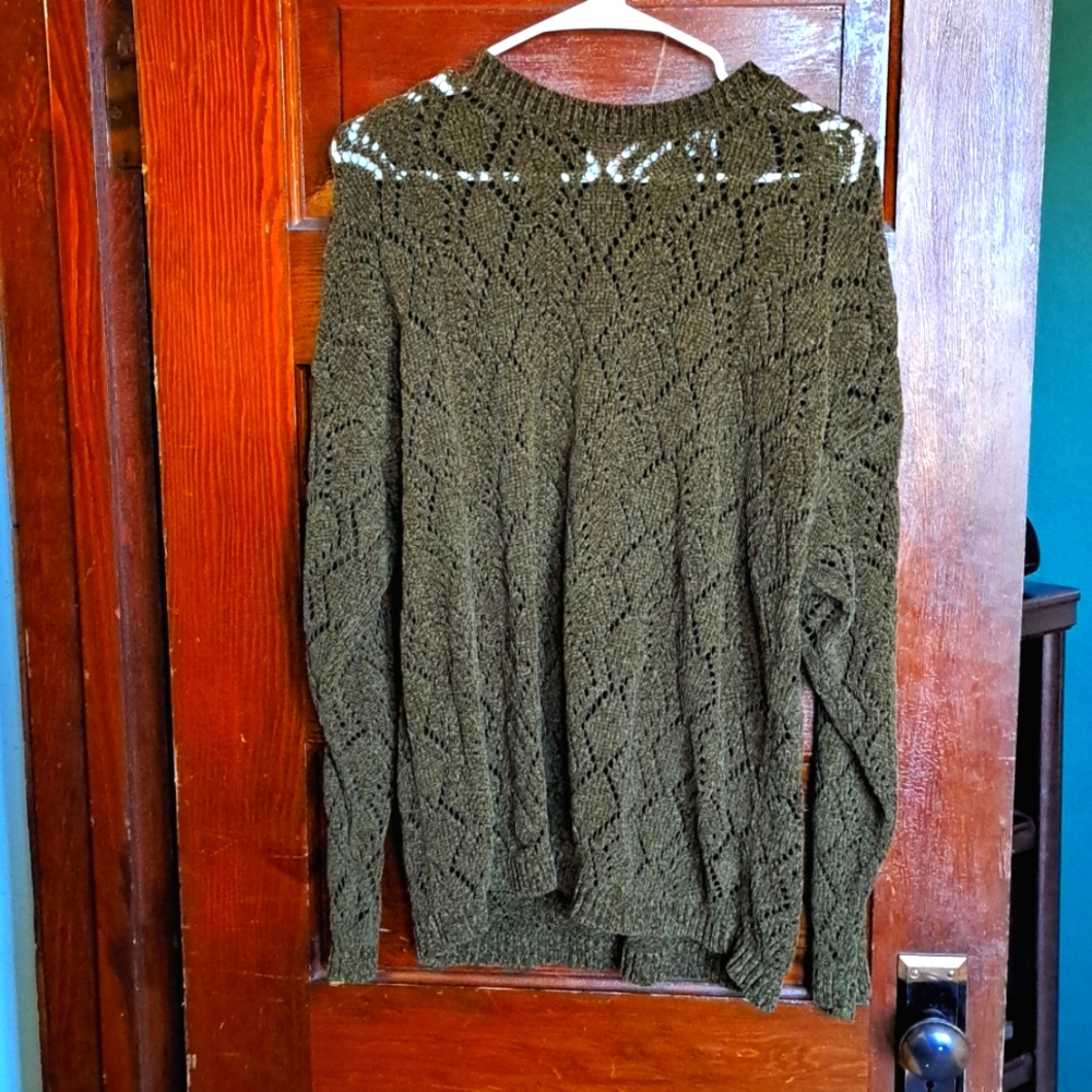 Vintage 90s Evan Picone Sport Chenille Pointelle Olive Brown Knit Sweater